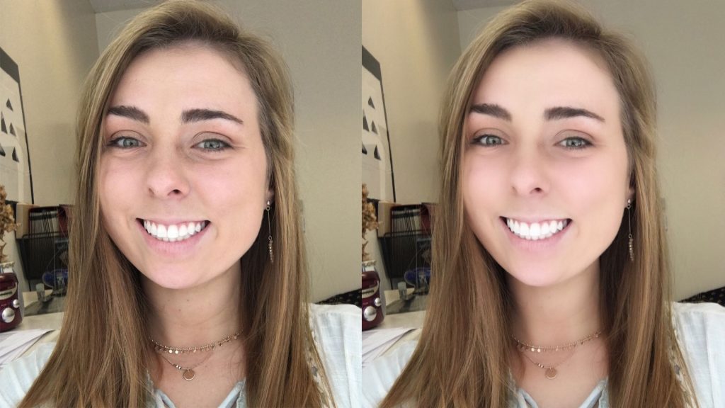 Selfie photo of a girl's face on the left side of the image, unedited and the same photo run through selfie editing software on the ride side of the image. Photo by The Signal reporter Hannah Wallace.