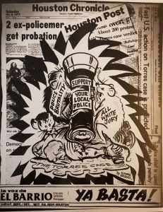 Black and white cartoon depicting rats, police brutality and all white juries - all on top on the headlines of various Houston publications. Photo courtesy of Lydia Quinones Newcomb, graduate student.