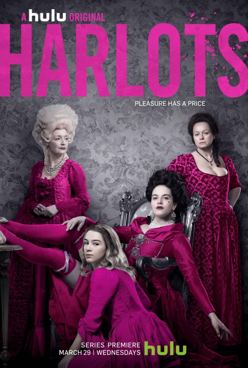 PHOTO: "Harlots" stands out in 2019 as television show that features a predominately female cast and crew including all female writing and direcot pool. The show is inspired by 2005 book "The Convent Garden Ladies" by historian Hallie Rubenhold. Graphic shows four of the main female characters all in bright pink gowns. Graphic courtesy of Hulu.